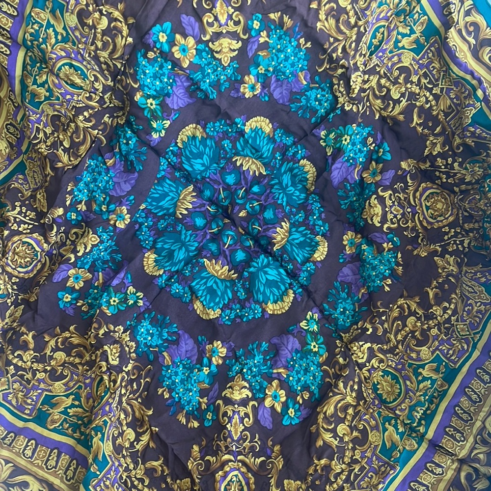 Carole Little Vintage Chocolate, Teal, & Indigo Floral Medallion Silk Scarf!
